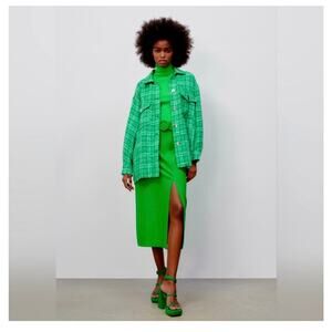 Zara Green Woven Plaid Tweed Button Front Shacket Overshirt Size XS